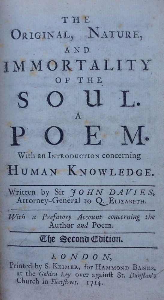 Item #1989 The Original, Nature, and Immortality of the Soul. A Poem. Sir John Davies.