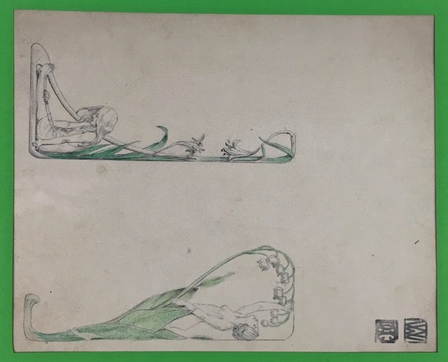 Item #2877 [Wiener Werkstatte] Two Drawings, partially colored in green. Carl Otto Czeschka.