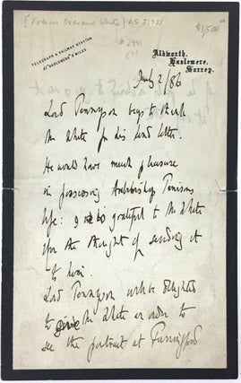 Item #2991 [Tennyson, Alfred] Autograph Letter Signed to Francis Overend White, Author. Alfred...