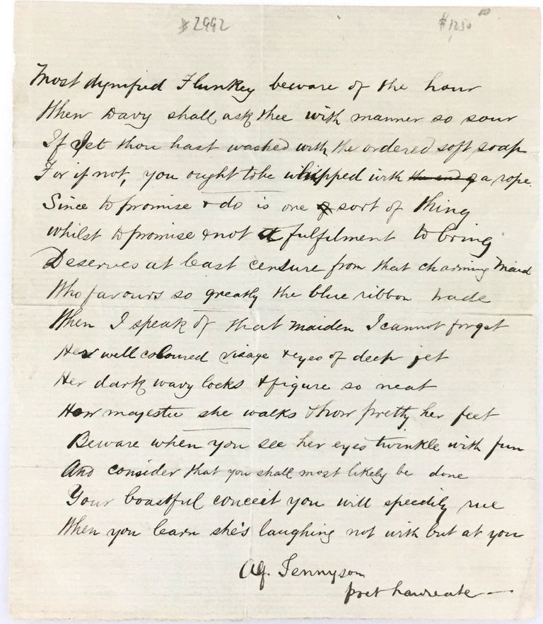 Item #2992 [Tennyson, Frederic- Autograph Manuscript Poem of Alfred Tennyson, His Brother] "Davy and the Dignified Flunkey. Frederic Tennyson.