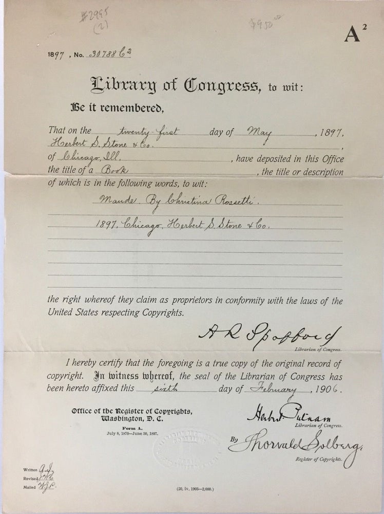 Item #2995 [Rossetti, Christina- Certificate of Copyright, The Library of Congress] Maude. Christina Rossetti.