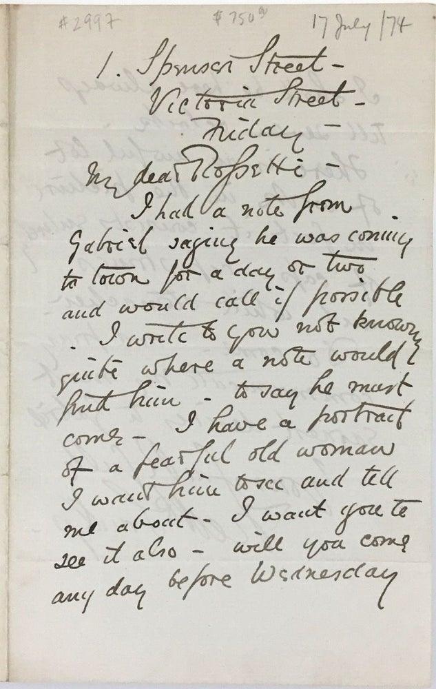 Item #2997 [Sandys, Frederic- Autograph Letter Signed to William Michael Rossetti] Wonderful ALS by Sandys to W. M. Rossetti, Mentioning Gabriel. Frederick Sandys.