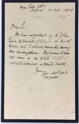 Item #3029 [Jackson, T. W.- Autograph Letter] Regarding John Payne. T. W. -Curator Portrait...