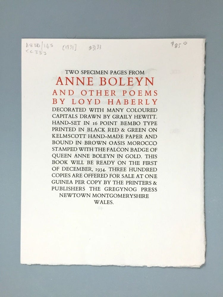 Item #3133 [Gregynog Press] Two Specimen Pages from "Anne Boleyn and Other Poems by Loyd Haberly