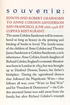 Item #3513 [Cobden-Sanderson, Anne] Souvenir: Edwin and Robert Grabhorn to Anne Cobden-Sanderson....