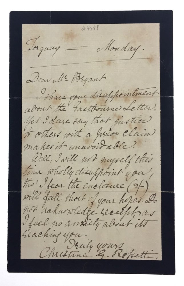 Item #4098 [Rossetti, Christina- ALS from Christina Rossetti] Christina Rossetti letter to William Bryant, One of Her Special "Projects" Christina Rossetti.