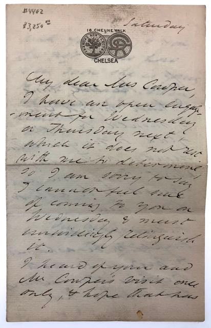 Item #4402 [Rossetti, Dante Gabriel] ALS. "Indeed I ought to be embarrassed to propose it to Beatrice..." Important Autograph Letter Signed to Mrs. Cowper (Mrs. William Cowper-Temple), Relating to the Beata Beatrix which William Cowper-Temple Eventually Purchased. Dante Gabriel Rossetti.