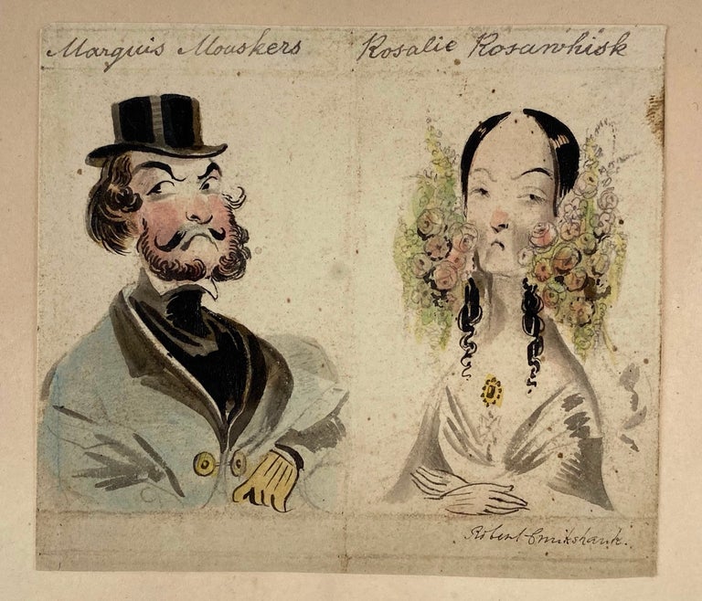 Item #5086 [Cruikshank, Robert- Two Small Original Watercolors and Pen and Ink Drawing on a Single Sheet] "Marquis Mouskers" and "Rosalie Rosanwhisk" Robert Cruikshank.