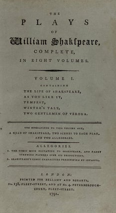 [Shakespeare, William- Scarce 1791 Eight Volumes First Edition Thus] The Plays of William Shakespeare, Complete, in Eight Volumes