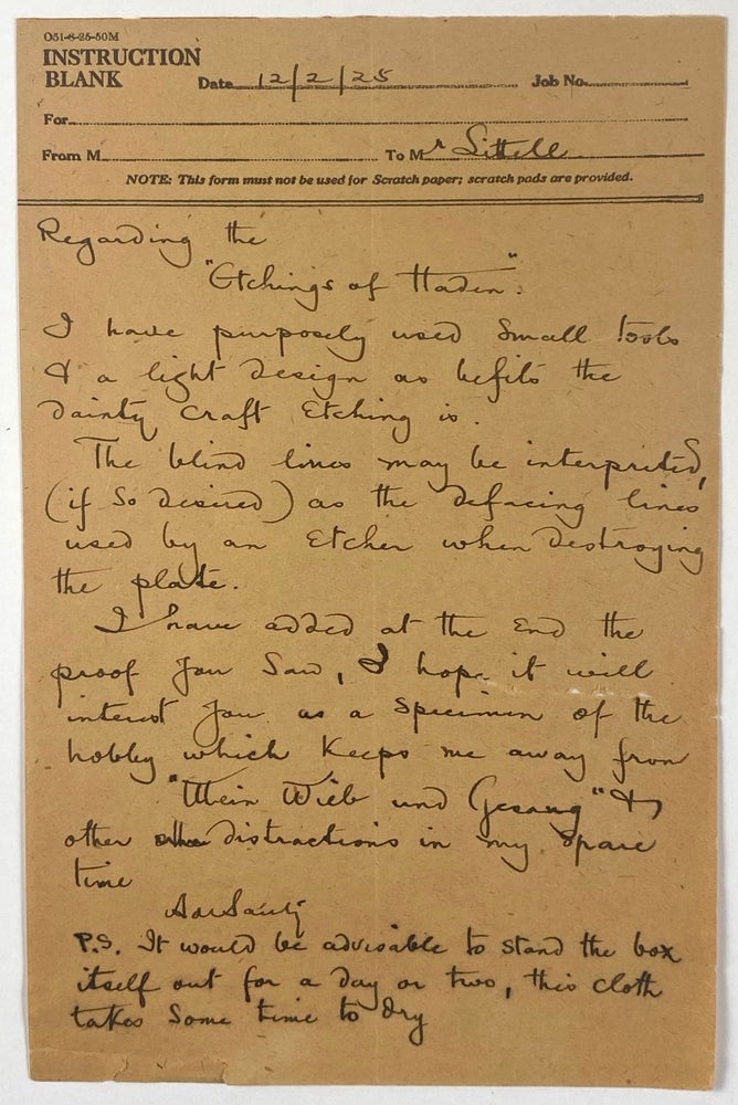 Item #5852 [De Sauty, Alfred- Fabulous ALS Explaining Reasons for His Binding Design] Autograph Letter Signed by de Sauty, "Regarding the "Etchings of Haden," Explaining his Designs for the Binding. Alfred De Sauty.