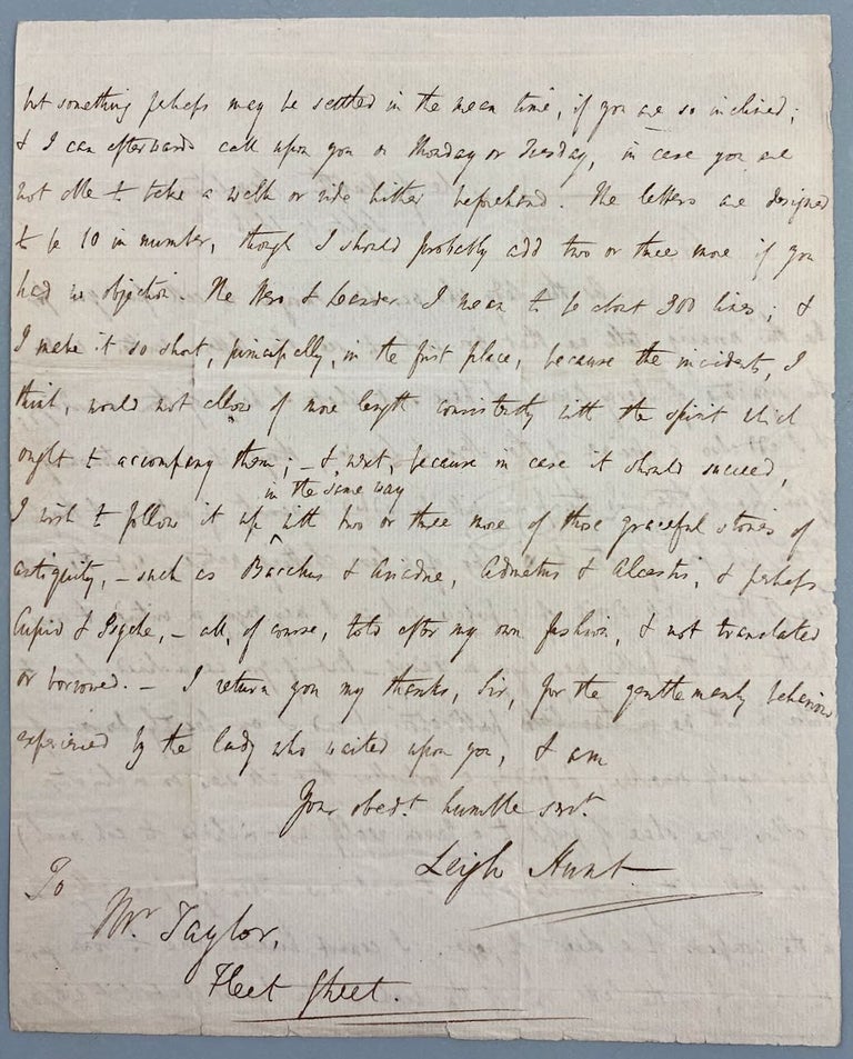 Item #6202 [Hunt, Leigh- Stellar ALS of Over 400 Words to Publisher] Long Autograph Letter Signed From Leigh Hunt to Publisher John Taylor, Offering to Write a Preface, etc. Leigh Hunt.